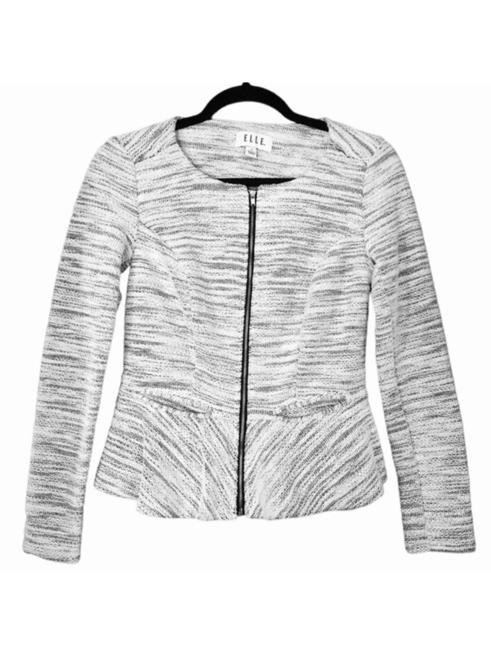 Elle Size 4 Peplum Cardigan Jacket Full Zip Cotton Blend Gray Marled Pockets